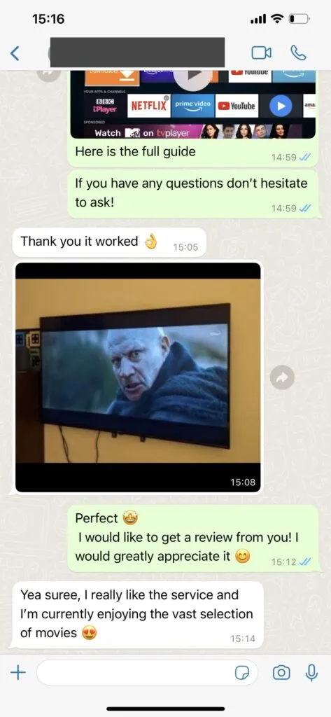 WhatsApp customer feedback screenshot 1 BingeIPTV